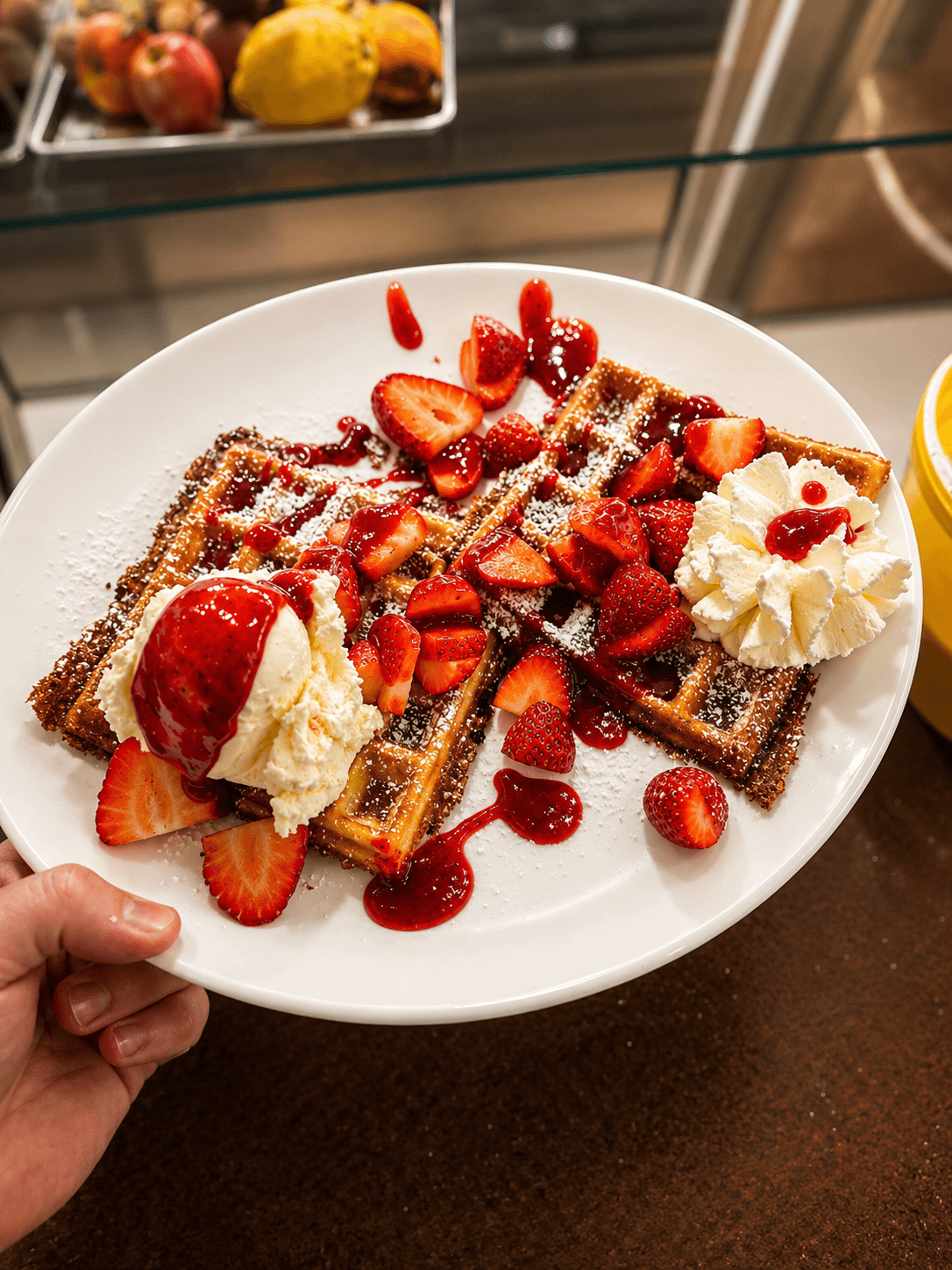 Frische Waffeln mit Erdbeeren, Vanilleeis, Schlagsahne und roter Sauce auf einem weißen Teller.