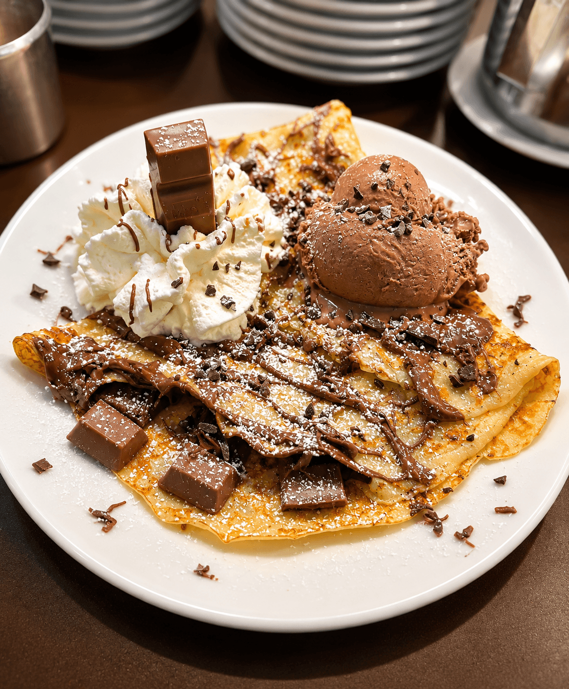 Goldbrauner Crepe mit Schokoladensauce, Puderzucker, Schokoladenstücken, Schlagsahne und einer Kugel Schokoladeneis auf weißem Teller.