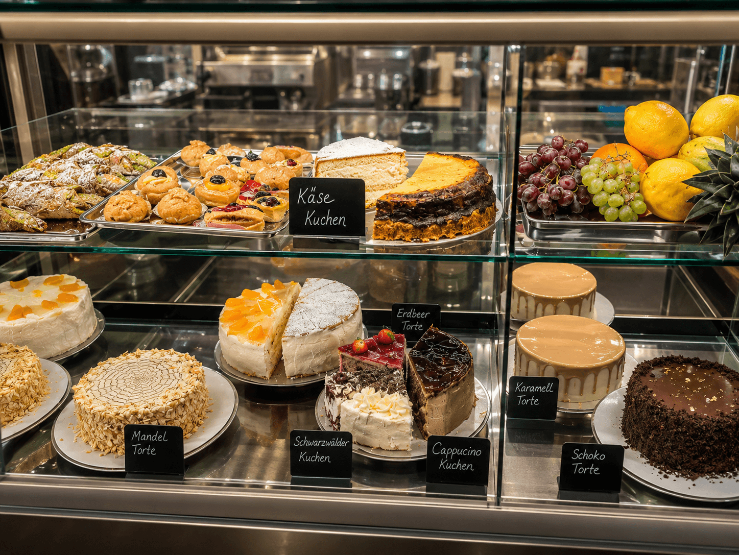Verschiedene Torten, Gebäck und Obst ansprechend präsentiert in einer gläsernen Vitrine einer Konditorei.